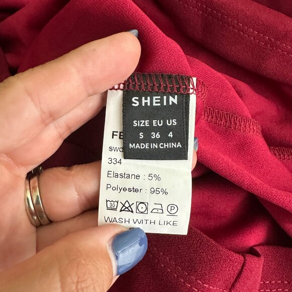 2/$24 SHEIN Sheer Embroidery Mesh Lantern Sleeve Bodycon Dress Red #A0338 TRB2 - Picture 6 of 7